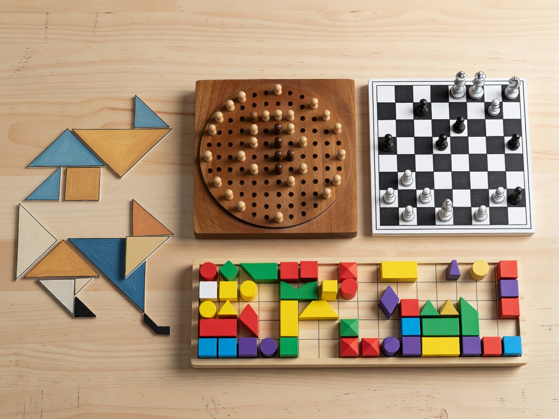 Illustrated tangram shapes, peg solitaire board and chess puzzle diagram
