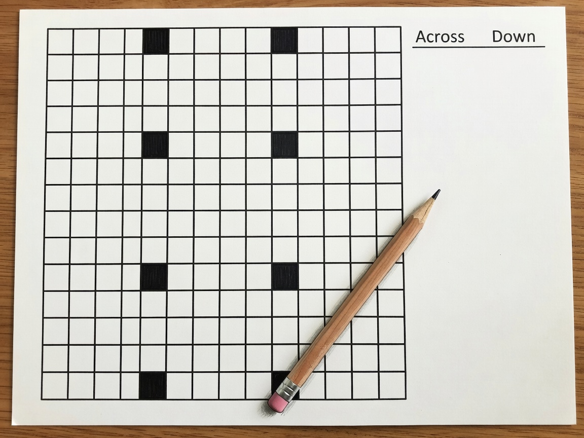 Illustrated crossword grid with pencil and clue list