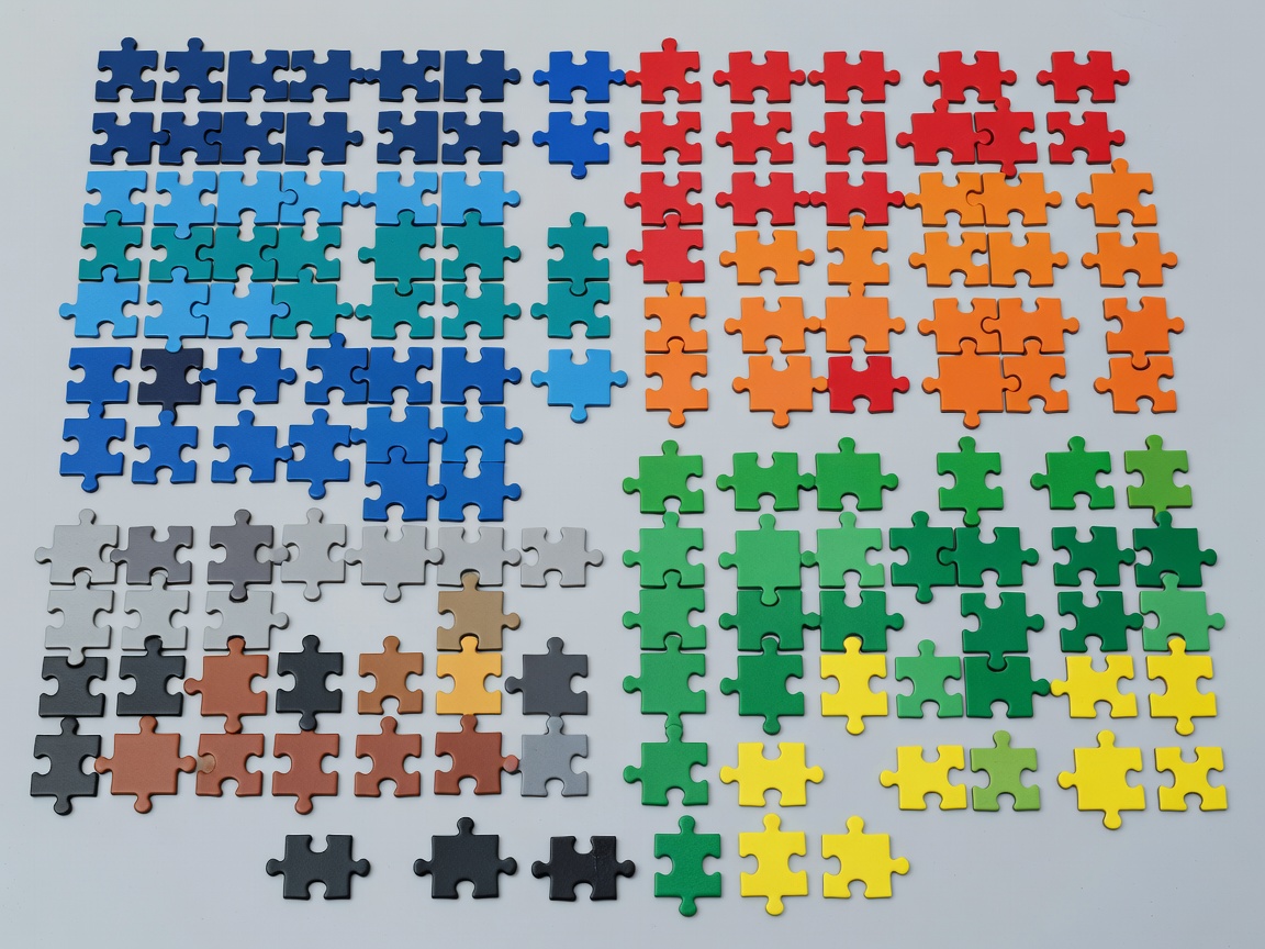 Illustrated jigsaw puzzle pieces arranged by colour and edge