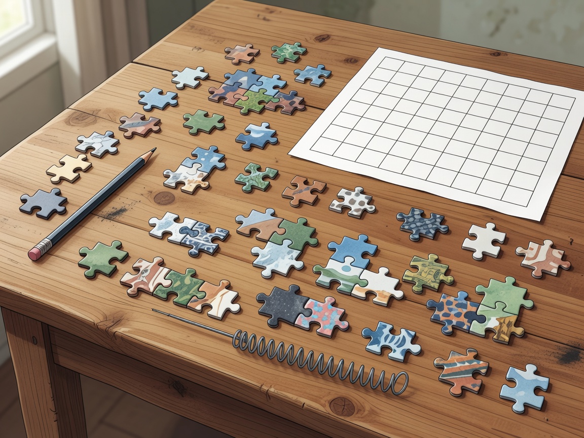 Illustrated table with jigsaw pieces, pencil and number grid